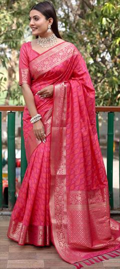 Festive, Traditional Pink and Majenta color Saree in Patola Silk, Silk fabric with Rajasthani, South Bandhej, Printed, Weaving work : 1871535