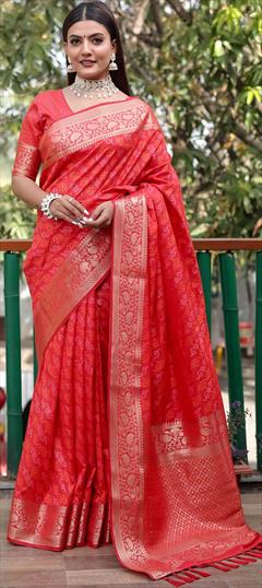 Festive, Traditional Red and Maroon color Saree in Patola Silk, Silk fabric with Rajasthani, South Bandhej, Printed, Weaving work : 1871538