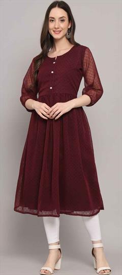 Casual Red and Maroon color Kurti in Georgette fabric with Anarkali, Long Sleeve Thread work : 1871573