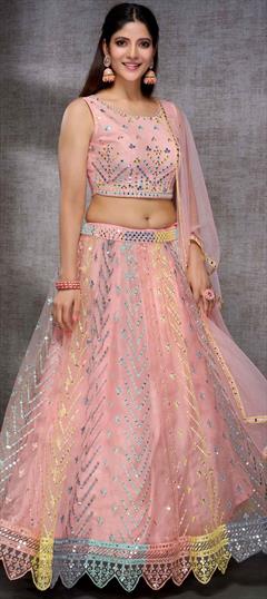 Mehendi Sangeet, Reception, Wedding Pink and Majenta color Ready to Wear Lehenga in Net fabric with A Line Sequence, Thread work : 1871586