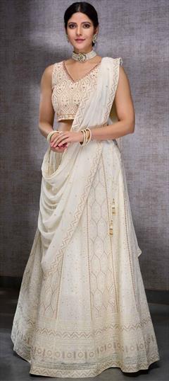 Mehendi Sangeet, Reception, Wedding White and Off White color Ready to Wear Lehenga in Georgette fabric with A Line Embroidered, Sequence, Thread work : 1871587