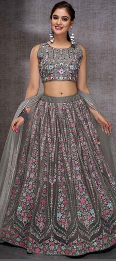 Mehendi Sangeet, Reception, Wedding Black and Grey color Ready to Wear Lehenga in Net fabric with A Line Embroidered, Sequence, Thread work : 1871589
