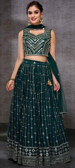 Mehendi Sangeet, Reception, Wedding Green color Ready to Wear Lehenga in Georgette fabric with A Line Sequence, Thread, Zari work : 1871594