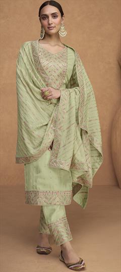 Party Wear, Reception Green color Salwar Kameez in Art Silk fabric with Straight Resham, Sequence, Thread work : 1871595