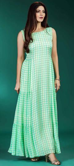 Festive, Party Wear Green color Kurti in Georgette fabric with A Line Printed, Sequence, Thread work : 1871611