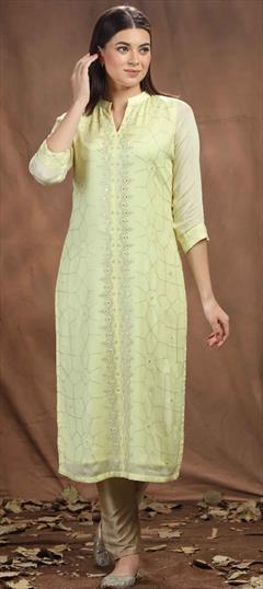 Party Wear Yellow color Kurti in Art Silk fabric with Long Sleeve, Straight Embroidered, Resham, Thread work : 1871614