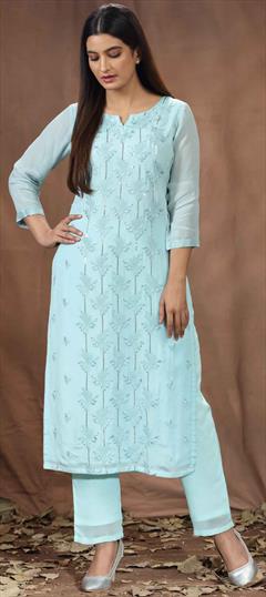 Party Wear Blue color Kurti in Art Silk fabric with Long Sleeve, Straight Embroidered, Resham, Sequence, Thread work : 1871615