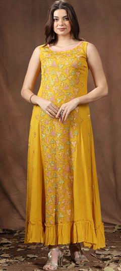 Party Wear Yellow color Kurti in Art Silk fabric with A Line Embroidered, Resham, Sequence, Thread work : 1871617