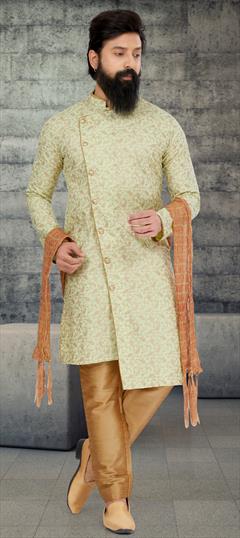 Engagement, Wedding Green color IndoWestern Dress in Silk cotton fabric with Printed work : 1871926