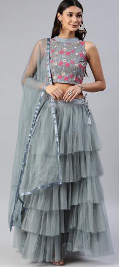 Festive, Party Wear Black and Grey color Lehenga in Net fabric with Ruffle Embroidered, Resham, Thread work : 1871935
