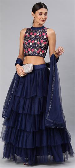 Festive, Party Wear Blue color Lehenga in Net fabric with Ruffle Embroidered, Resham, Thread work : 1871936