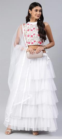 Festive, Party Wear White and Off White color Lehenga in Net fabric with Ruffle Embroidered, Resham, Thread work : 1871940
