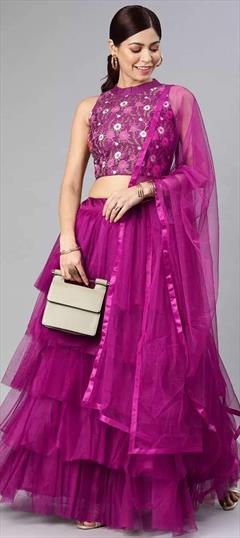 Festive, Party Wear Purple and Violet color Lehenga in Net fabric with Ruffle Embroidered, Resham, Thread work : 1871945