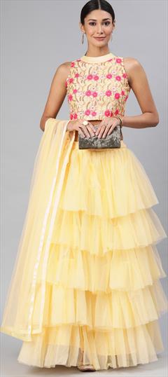 Festive, Party Wear Yellow color Lehenga in Net fabric with Ruffle Embroidered, Resham, Thread work : 1871948