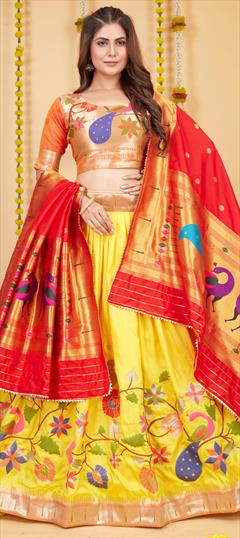 Festive, Party Wear Yellow color Lehenga in Silk fabric with Flared Thread, Weaving, Zari work : 1871960
