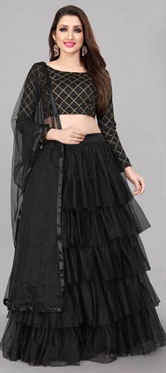 Festive, Party Wear Black and Grey color Lehenga in Net fabric with Ruffle Thread work : 1871964