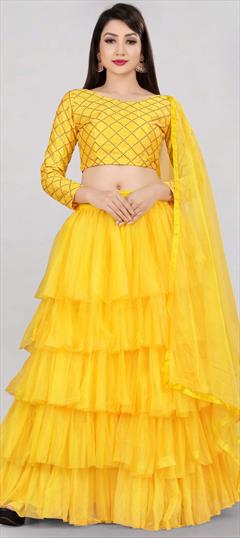 Festive, Party Wear Yellow color Lehenga in Net fabric with Ruffle Thread work : 1872005