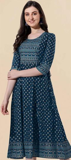 Casual Blue color Kurti in Rayon fabric with Anarkali, Long Sleeve Printed work : 1872081