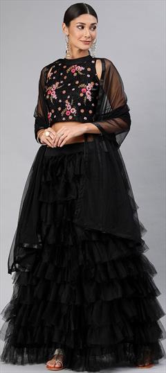 Festive, Party Wear Black and Grey color Lehenga in Net fabric with Ruffle Thread work : 1872083