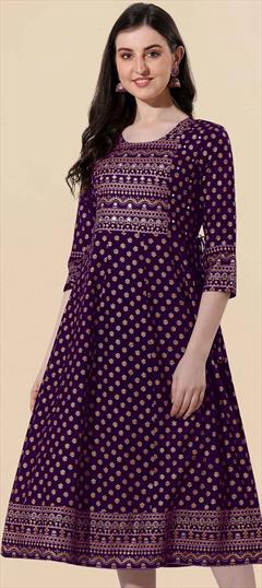 Casual Purple and Violet color Kurti in Rayon fabric with Anarkali, Long Sleeve Printed work : 1872084