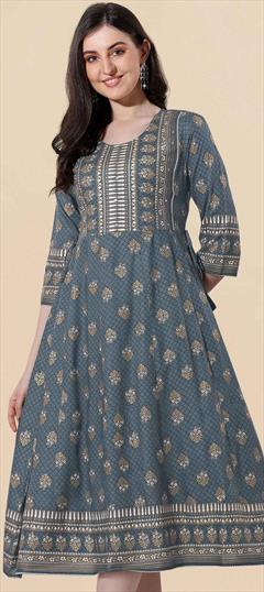 Casual Black and Grey color Kurti in Rayon fabric with Anarkali, Long Sleeve Printed work : 1872085