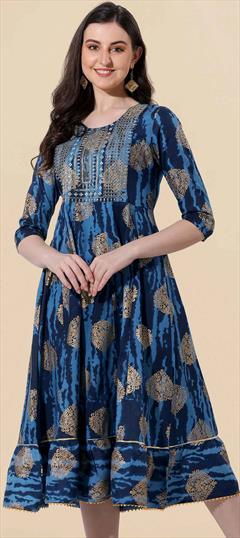 Casual Blue color Kurti in Cotton fabric with Anarkali, Long Sleeve Printed work : 1872087