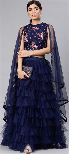 Festive, Party Wear Blue color Lehenga in Net fabric with Ruffle Thread work : 1872089