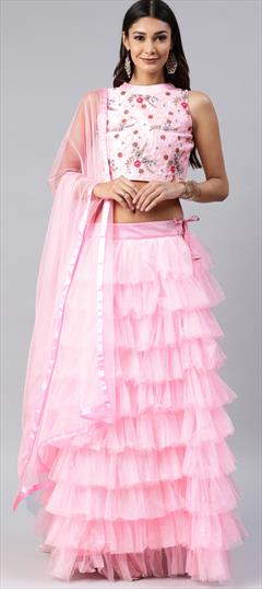 Festive, Party Wear Pink and Majenta color Lehenga in Net fabric with Ruffle Thread work : 1872091