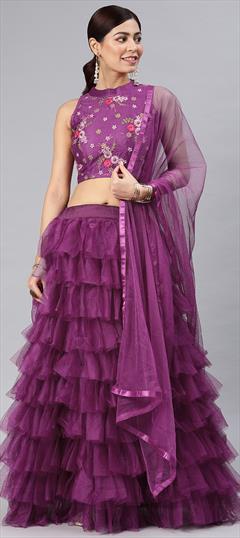 Festive, Party Wear Purple and Violet color Lehenga in Net fabric with Ruffle Thread work : 1872095