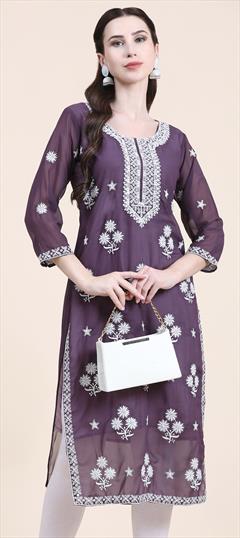 Casual Purple and Violet color Kurti in Georgette fabric with Long Sleeve, Straight Embroidered, Thread work : 1872116