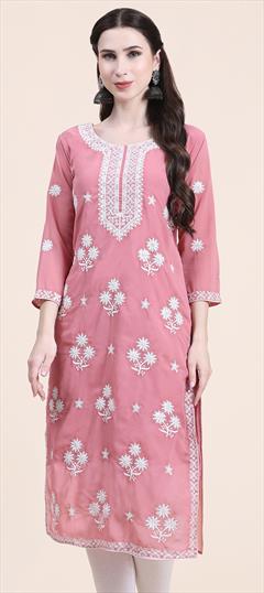 Casual Pink and Majenta color Kurti in Georgette fabric with Long Sleeve, Straight Embroidered, Thread work : 1872120