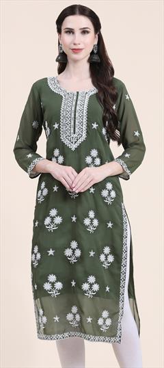 Casual Green color Kurti in Georgette fabric with Long Sleeve, Straight Embroidered, Thread work : 1872121