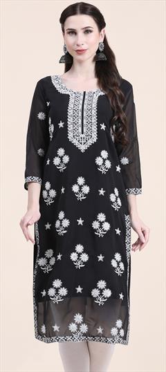 Casual Black and Grey color Kurti in Georgette fabric with Long Sleeve, Straight Embroidered, Thread work : 1872123
