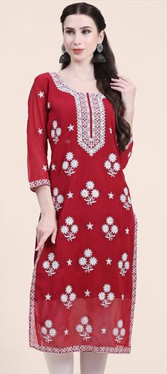 Casual Red and Maroon color Kurti in Georgette fabric with Long Sleeve, Straight Embroidered, Thread work : 1872125