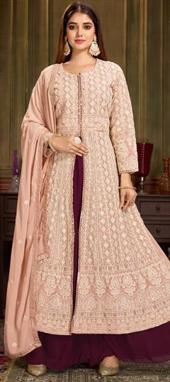 Mehendi Sangeet, Reception Beige and Brown, Pink and Majenta color Long Lehenga Choli in Georgette fabric with Embroidered, Sequence, Thread work : 1872133