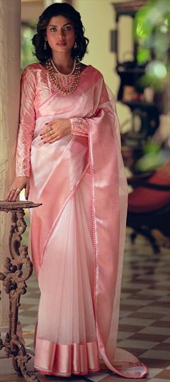 Reception, Traditional Pink and Majenta color Saree in Organza Silk, Silk fabric with Classic, South Lace, Weaving work : 1872157