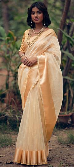 Reception, Traditional Gold color Saree in Organza Silk, Silk fabric with Classic, South Lace, Weaving work : 1872170