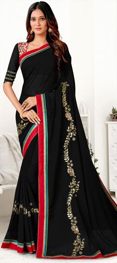 Party Wear Black and Grey color Saree in Georgette fabric with Classic Lace, Sequence work : 1872283
