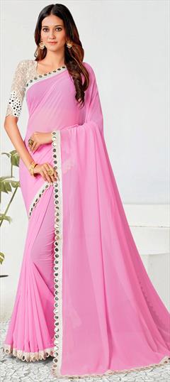 Party Wear Pink and Majenta color Saree in Georgette fabric with Classic Lace work : 1872295