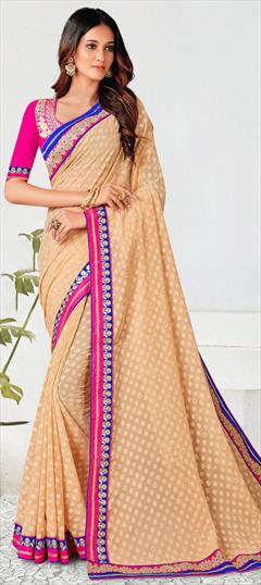 Party Wear Beige and Brown color Saree in Georgette fabric with Classic Lace, Stone work : 1872298