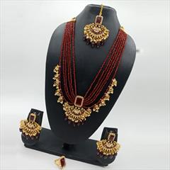 Red and Maroon color Necklace in Metal Alloy studded with CZ Diamond, Pearl & Gold Rodium Polish : 1872581
