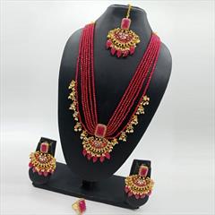 Red and Maroon color Necklace in Metal Alloy studded with CZ Diamond, Pearl & Gold Rodium Polish : 1872585
