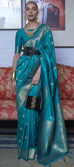 Traditional Blue color Saree in Handloom fabric with South Weaving work : 1872638