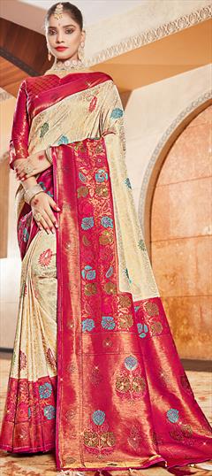 Engagement, Reception, Traditional Pink and Majenta, White and Off White color Saree in Brocade fabric with Classic, South Stone, Weaving work : 1872988