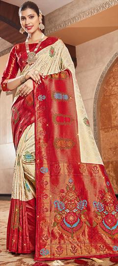 Engagement, Reception, Traditional Red and Maroon, White and Off White color Saree in Brocade fabric with Classic, South Stone, Weaving work : 1872989
