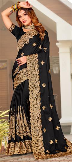 Mehendi Sangeet, Party Wear, Reception Black and Grey color Saree in Satin Silk, Silk fabric with South Embroidered, Thread, Zari work : 1873399