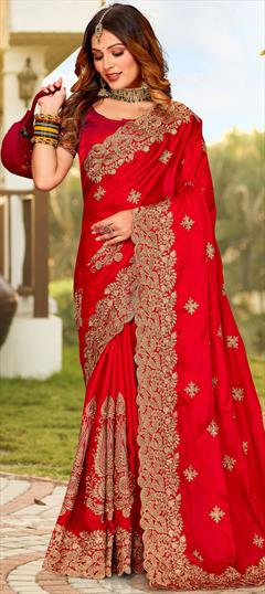 Mehendi Sangeet, Party Wear, Reception Red and Maroon color Saree in Satin Silk, Silk fabric with South Embroidered, Thread, Zari work : 1873401