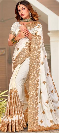Mehendi Sangeet, Party Wear, Reception White and Off White color Saree in Satin Silk, Silk fabric with South Embroidered, Thread, Zari work : 1873404