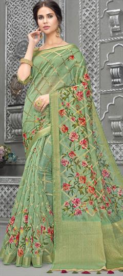 Party Wear, Traditional Green color Saree in Linen fabric with South Floral, Printed, Weaving work : 1873434