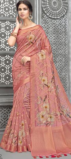 Party Wear, Traditional Pink and Majenta color Saree in Linen fabric with South Floral, Printed, Weaving work : 1873436